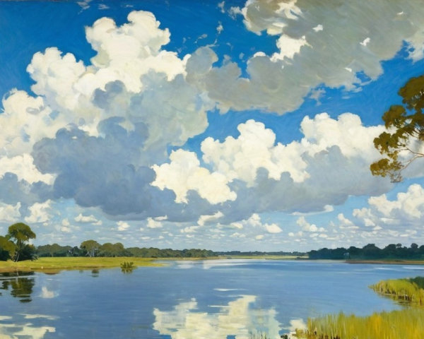 Serene River Landscape Under Blue Sky and Clouds