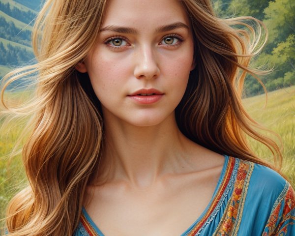 Young woman in embroidered blouse in vibrant landscape