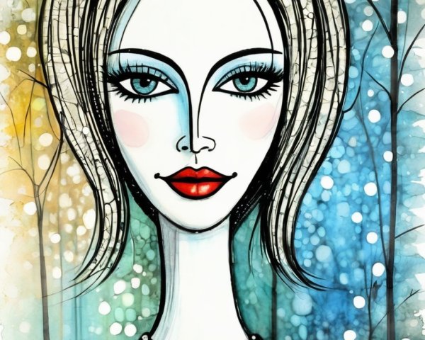 Stylized portrait of a woman with blue eyes and red lips