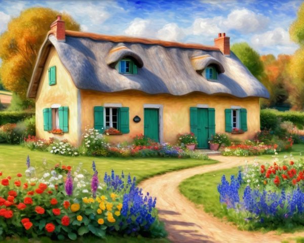 Charming Cottage Surrounded by Vibrant Garden Landscape