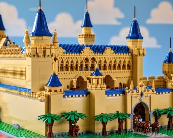 Intricate LEGO castle with blue roofs and towers
