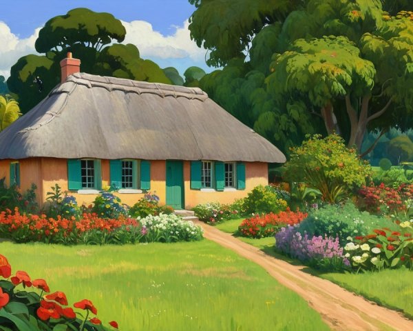Thatched-Roof Cottage Surrounded by Vibrant Garden