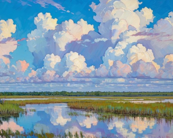 Vibrant Wetland Landscape with Blue Sky and Palm Trees