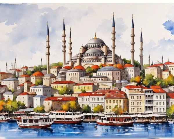 Watercolor Painting of Istanbul's Skyline and Boats