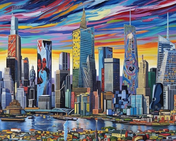 Vibrant City Skyline at Sunset with Colorful Skyscrapers