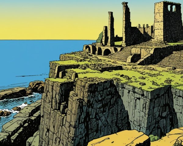 Ancient Ruins on Cliff Overlooking Serene Sea