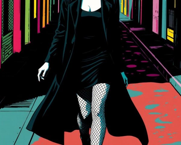 Noir Comic Illustration of a Woman on Red Street