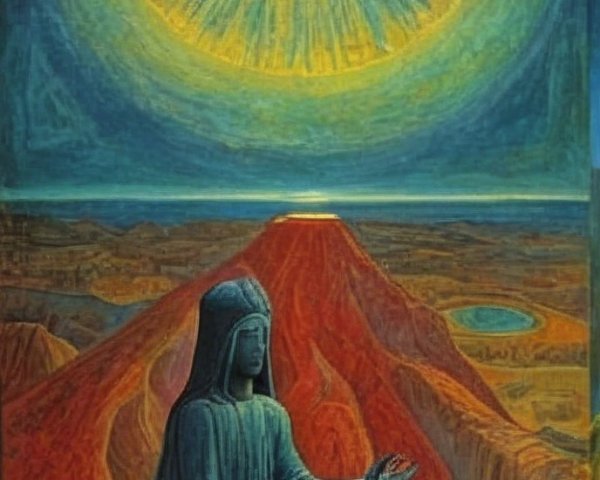 Serene Figure with Angel Under Golden Sun and Mountains