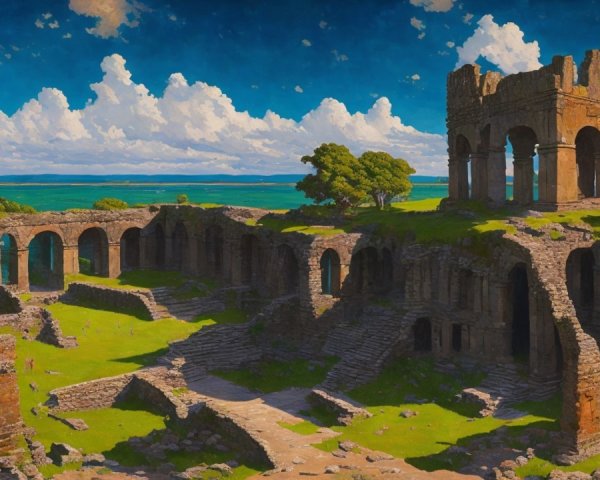 Ancient Ruins Surrounded by Lush Greenery and Water