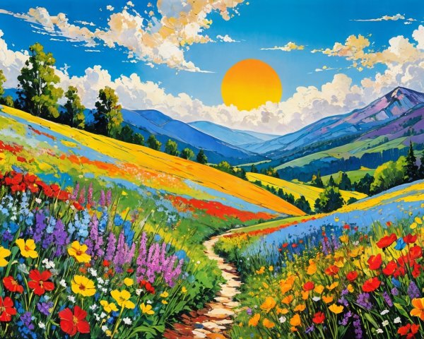 Vibrant Landscape with Colorful Wildflowers and Hills