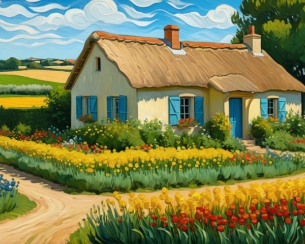 Charming Thatched Roof Cottage Surrounded by Gardens