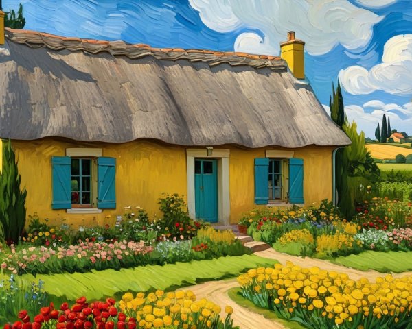 Charming Yellow Cottage Surrounded by Flower Gardens