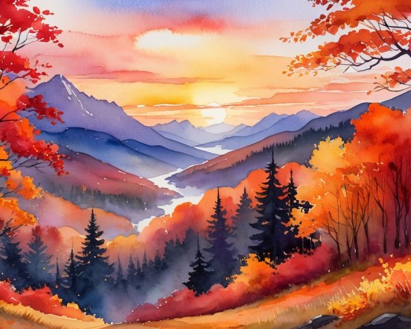 Serene Autumn Watercolor Landscape with Mountains and River