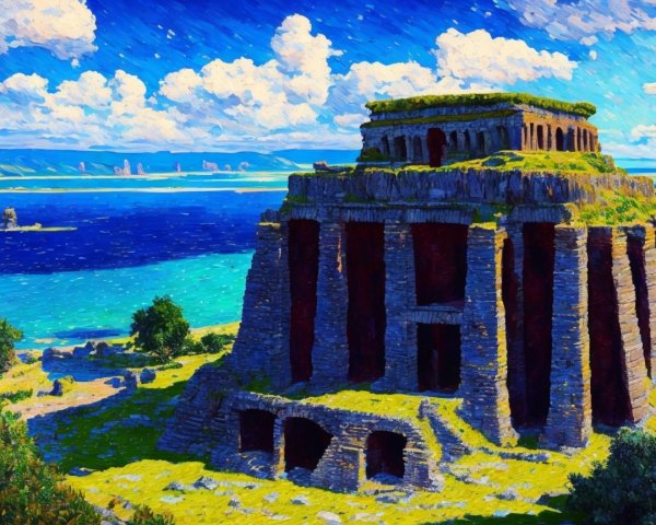 Ancient Stone Structure Amidst Lush Greenery and Water