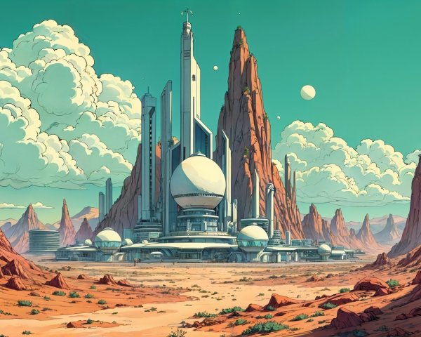Futuristic landscape with sci-fi complex and red rocks
