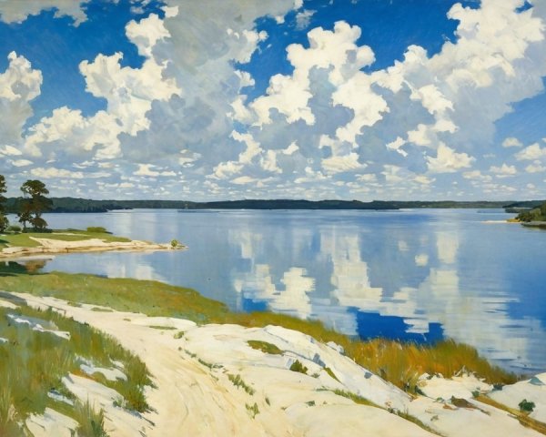 Serene Lakeside Landscape with Blue Sky and Greenery