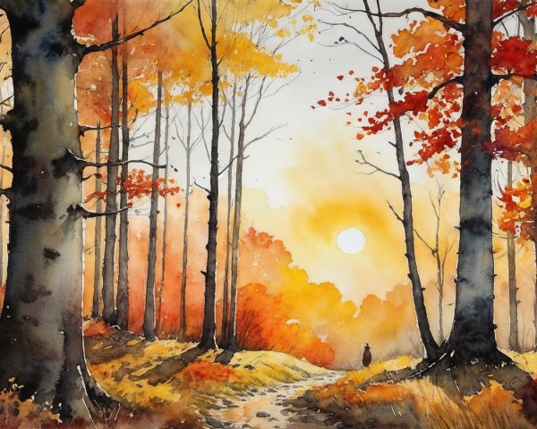 Serene Autumn Landscape in Watercolor Art
