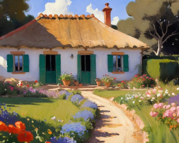 Charming Cottage with Thatched Roof and Lush Garden