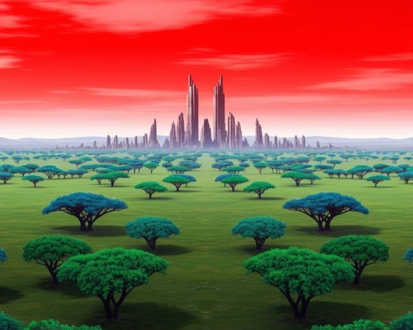 Surreal Landscape with Red Sky and Green Trees