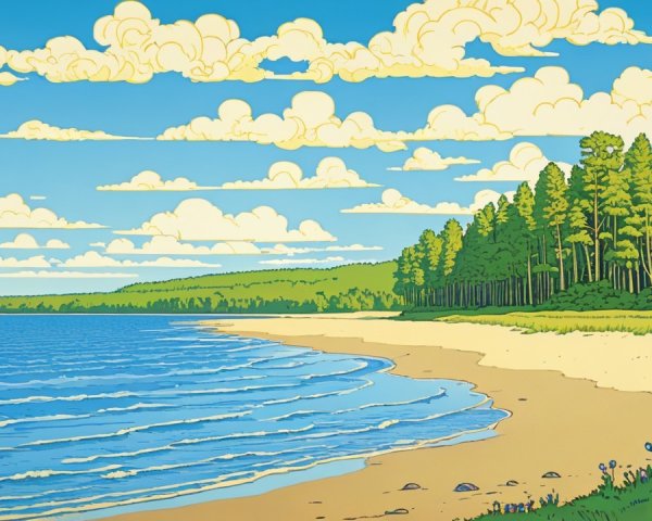 Serene beach scene with blue sky and gentle waves