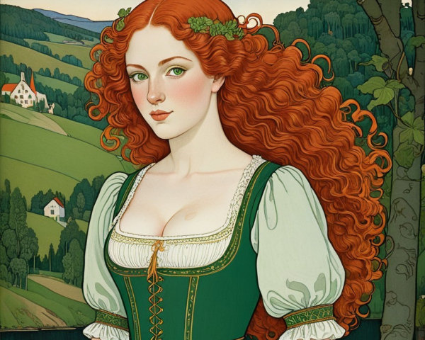Young woman in medieval green dress with red curls