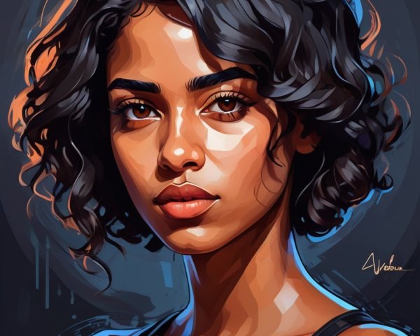 Portrait of a Young Woman with Curly Hair and Expression