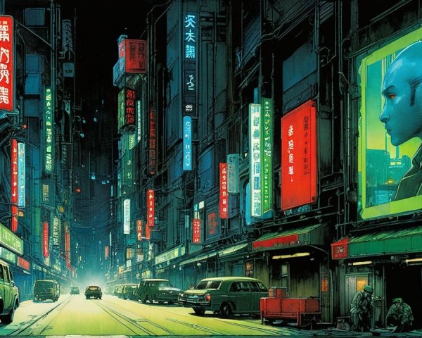 Futuristic city street at night with neon billboards
