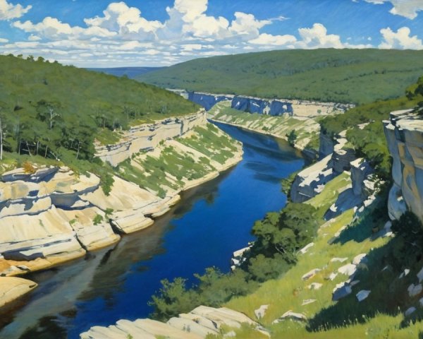 Landscape Painting of River in Canyon with Cliffs