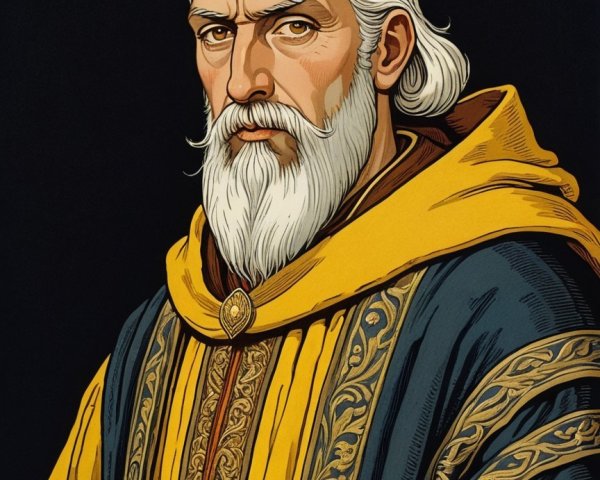 Older man with long white hair in ornate cloak