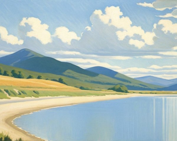 Serene Landscape with Water, Hills, and Clouds
