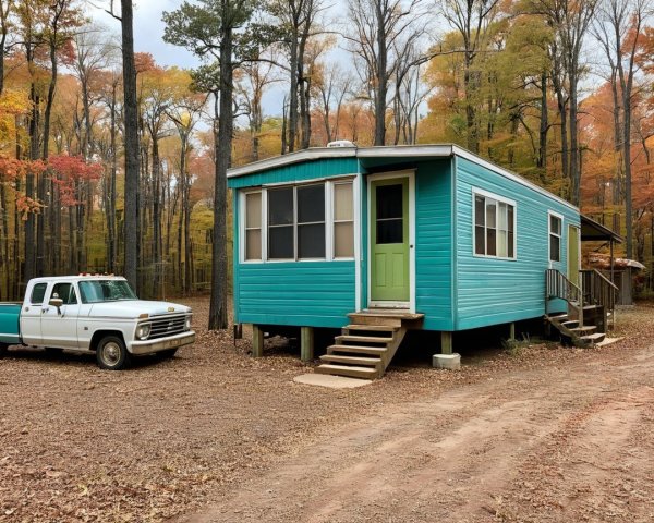 Teal Mobile Home Surrounded by Autumn Trees