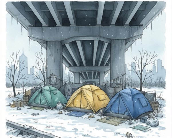 Watercolor Illustration of a Snowy Homeless Encampment