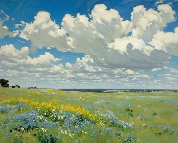 Vibrant Landscape with Grassy Field and Wildflowers