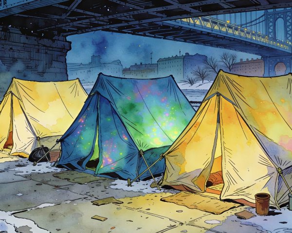 Watercolor Painting of Tents Under Bridge at Night