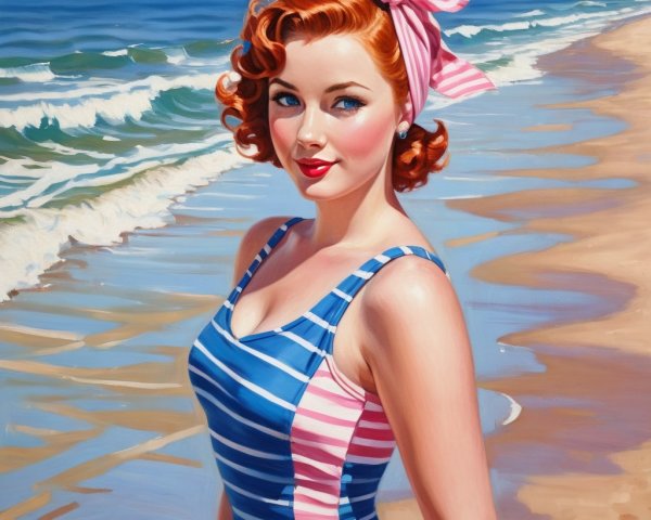Vintage Illustration of Woman on Beach in Swimsuit