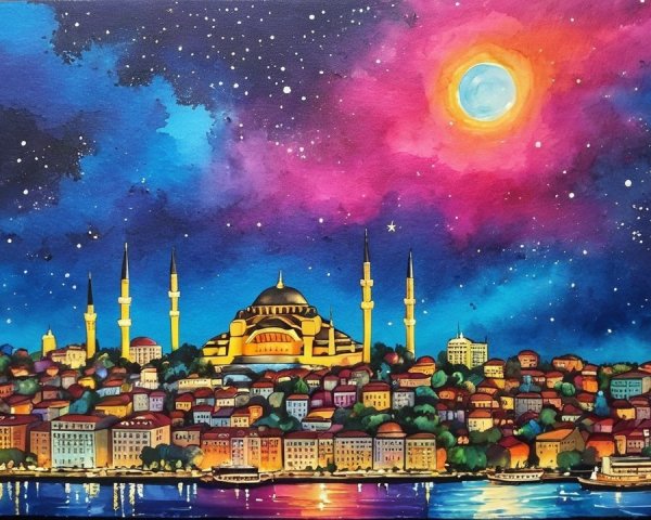 Vibrant Night Scene of Istanbul with Mosque Silhouette