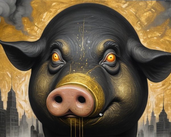 Black Pig with Orange Eyes in Urban Skyscraper Scene