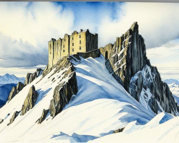 Castle on Snowy Mountain Peak with Dramatic Cliffs