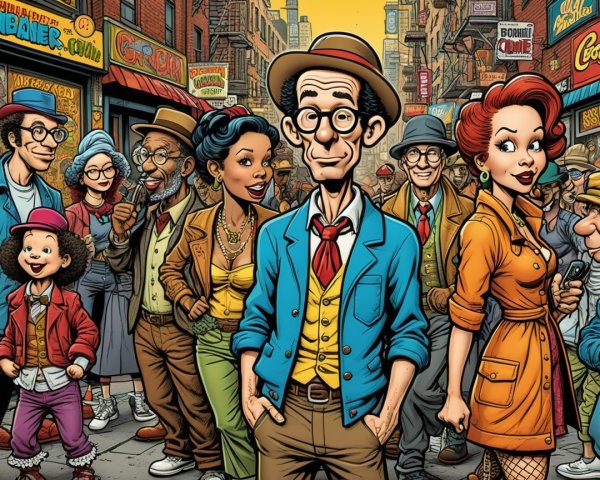 Vibrant Street Scene with Diverse Characters in Retro Attire