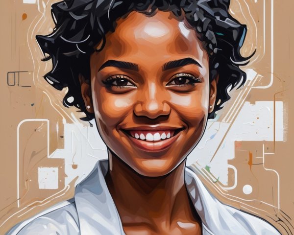 Young Woman in Lab Coat Against Abstract Background