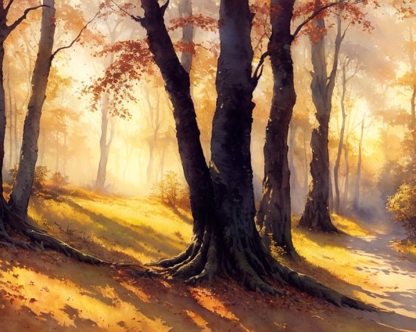 Serene Autumn Forest Scene with Golden Light