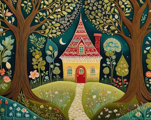 Cozy House Surrounded by Trees and Starry Sky