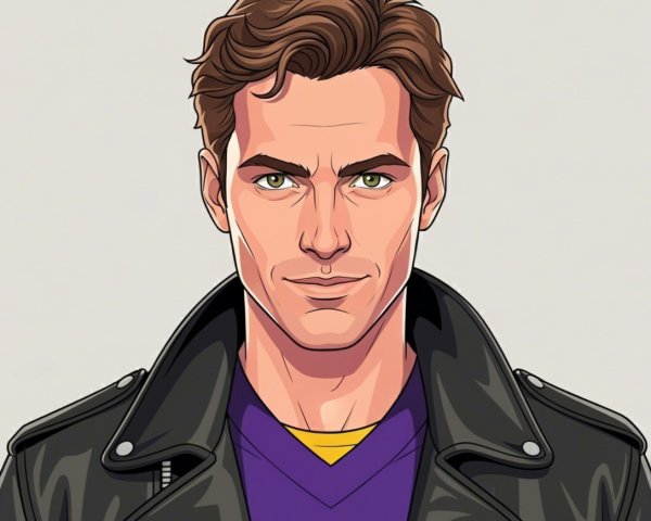 Confident Young Man in Leather Jacket and Purple Shirt