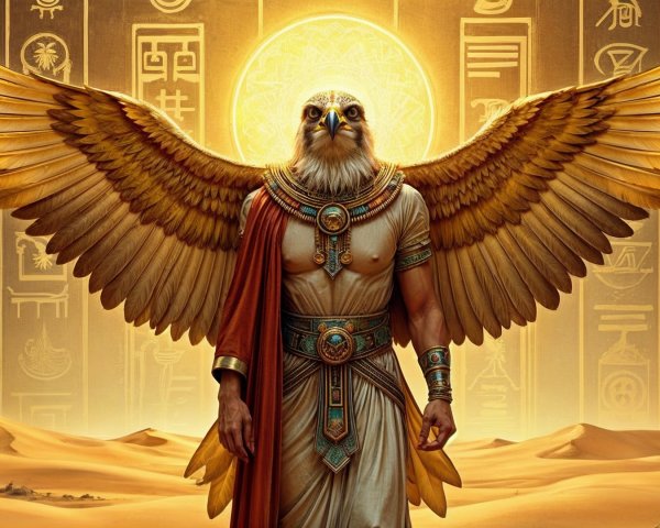 Majestic Falcon-Headed Deity in Desert Landscape