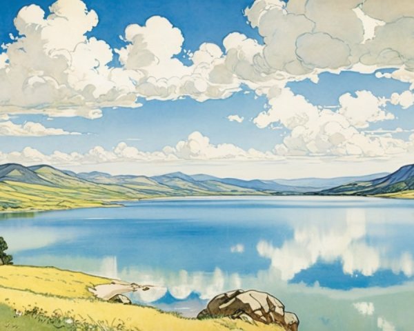 Tranquil Lake Surrounded by Lush Green Fields and Hills