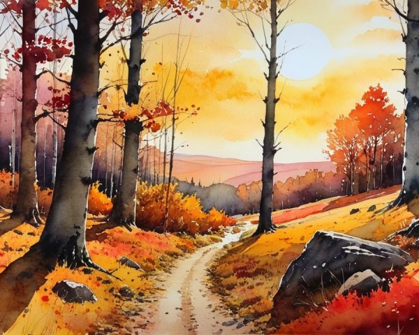 Autumn Landscape with Winding Path and Vibrant Foliage