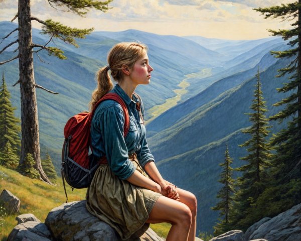 Young Woman in Hiking Gear Overlooking Scenic Valley
