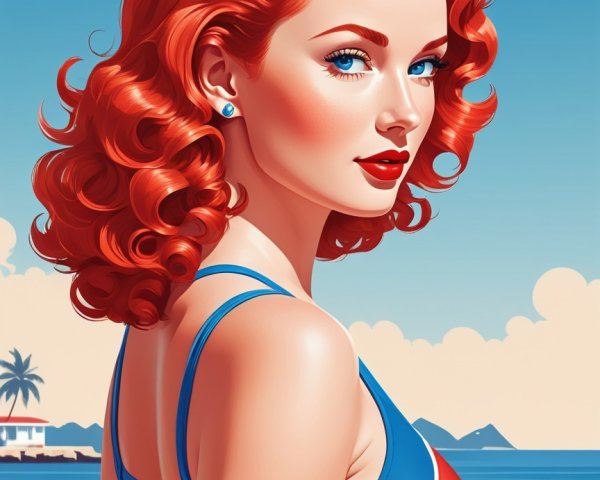 Glamorous Woman in Retro Swimsuit at Beach Scene