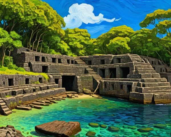 Ancient Stone Ruins by a Serene Coastal Landscape