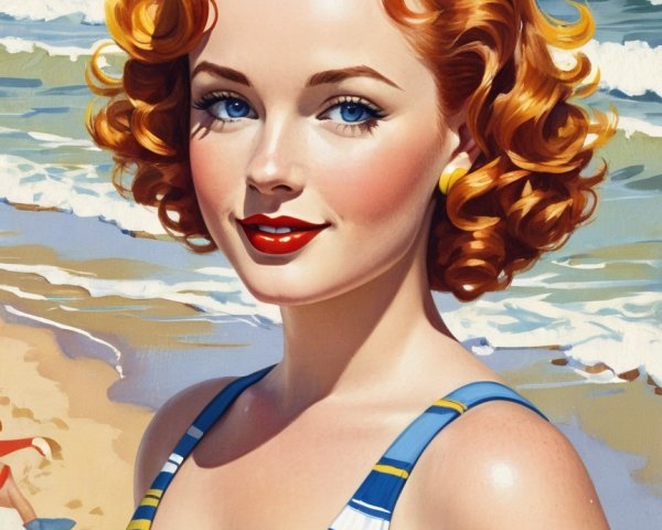 Glamorous Woman in Striped Swimsuit at Sunny Beach
